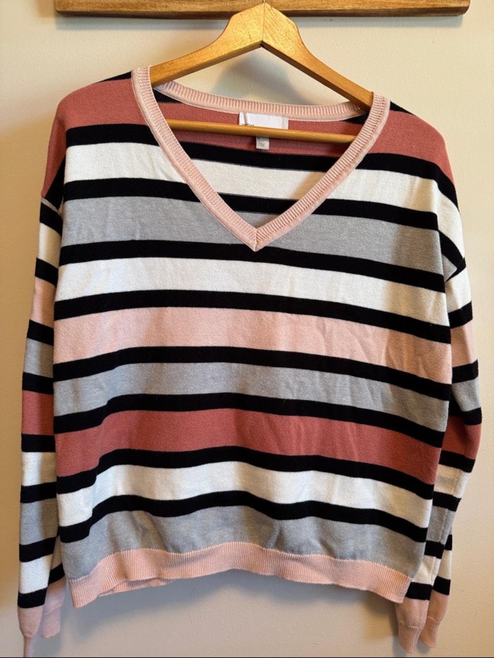 Striped V-Neck Sweater in Pink, Gray and Black